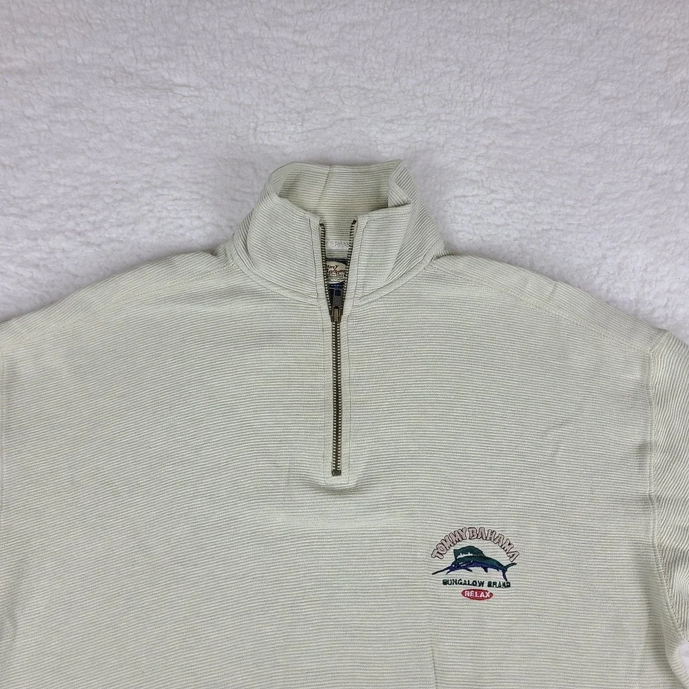 Tommy Bahama‎ Sweater Mens Medium Beige Striped Cotton Quarter Zip Relax Fit